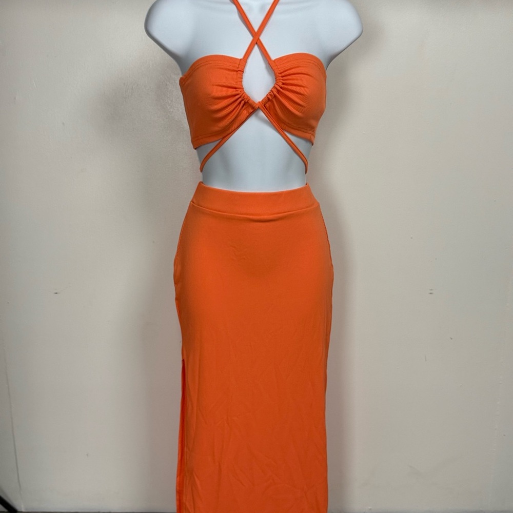 Orange Crisscross Halter Top and Skirt Set